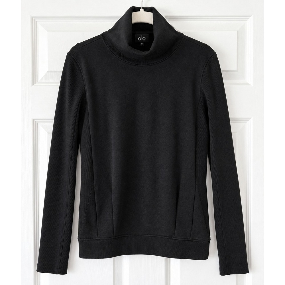 Alo Yoga Black Turtleneck Pullover Sweatshirt Women's Medium Ribbed Long Sleeve